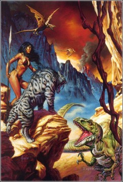 Fantasía popular Painting - fantástico tigre y dinosaurio fantasía